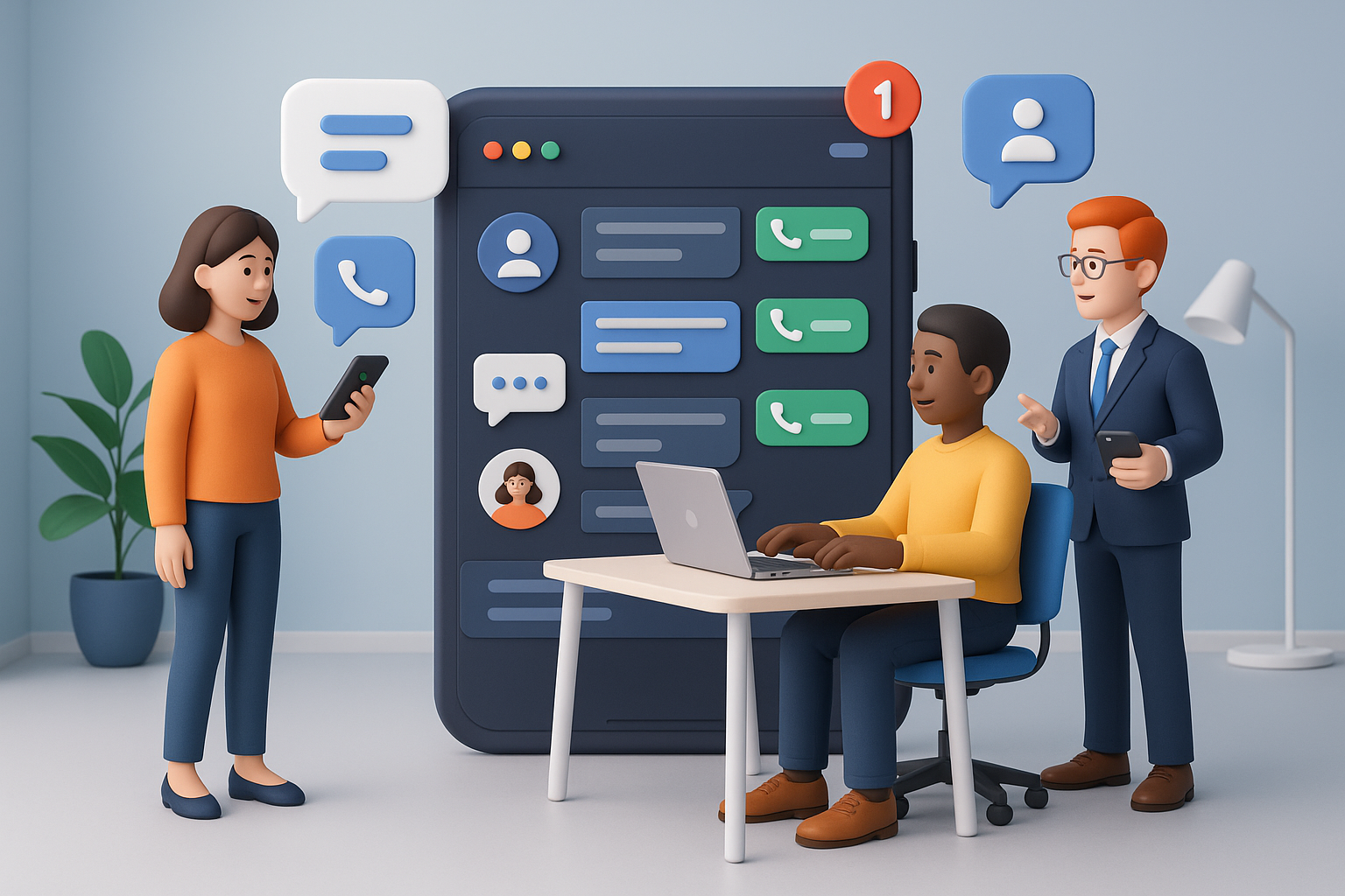 Illustration of Team using communication dashboard in a Modern office with mobile tech setting, with a innovative mood.