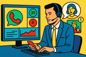 Illustration of Agent handling client calls in a Dashboard with telecom metrics setting, with a efficient mood.