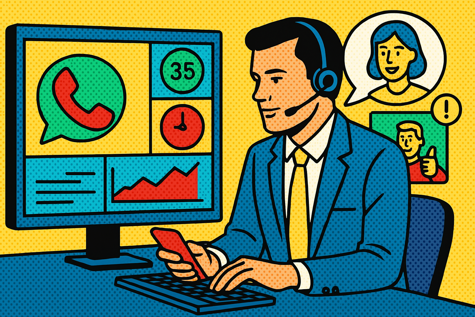 Illustration of Agent handling client calls in a Dashboard with telecom metrics setting, with a efficient mood.