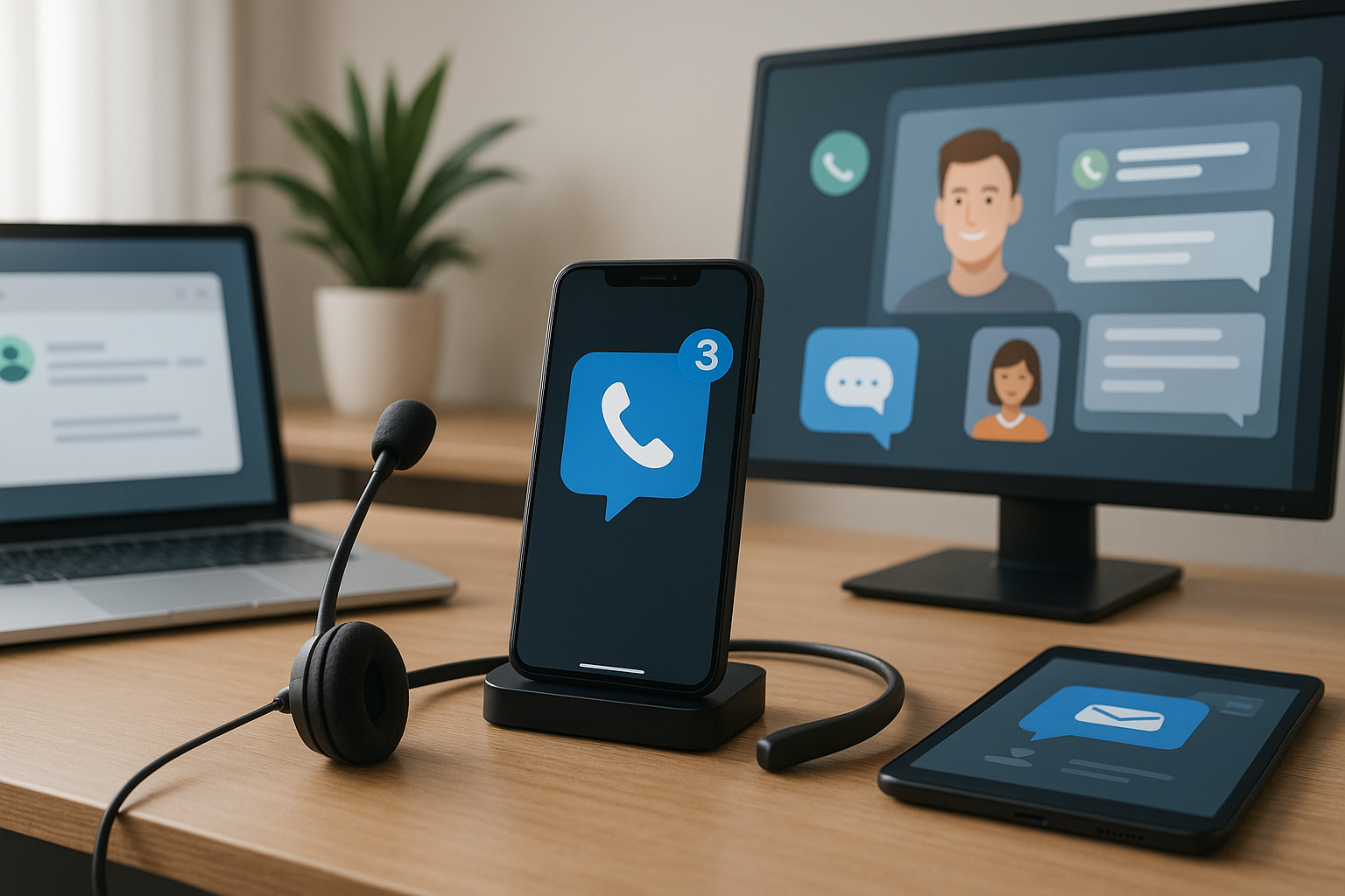 Illustration of Phone routing multiple devices in a Home office setup with headset setting, with a efficient mood.