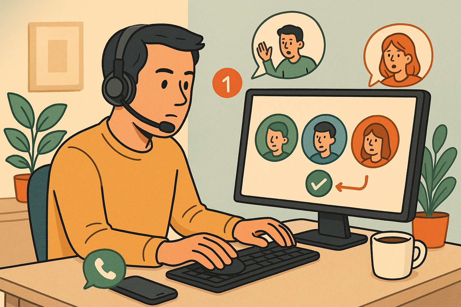 Illustration of User switching call profiles in a Home office setup with headset setting, with a focused mood.