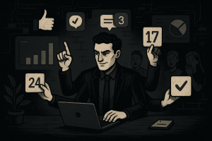 Illustration of Entrepreneur managing multiple numbers in a Tech-themed workspace setting, with a efficient mood.