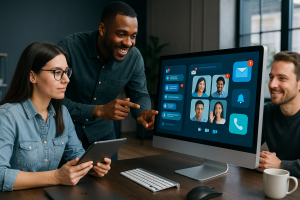 Illustration of Team using communication dashboard in a Tech-themed workspace setting, with a empowered mood.