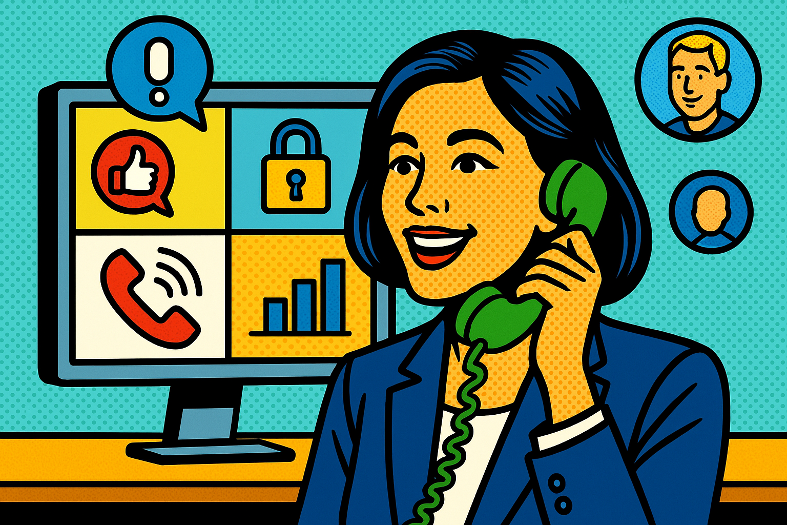 Illustration of Agent handling client calls in a Dashboard with telecom metrics setting, with a inspired mood.