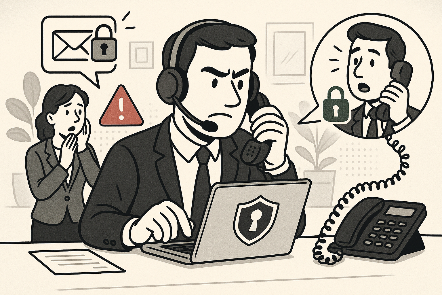Illustration of Agent handling client calls in a Professional desk with phones setting, with a focused mood.
