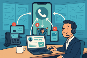 Illustration of Phone routing multiple devices in a Virtual command center setting, with a in control mood.