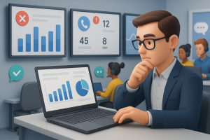 Illustration of Manager analyzing call reports in a Call center with digital wallboards setting, with a focused mood.