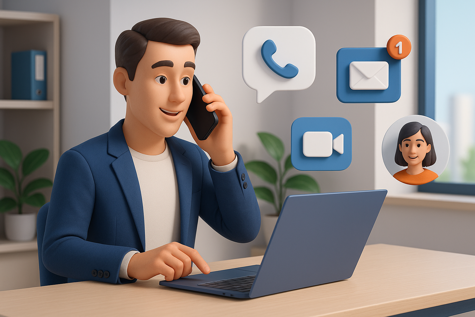 Illustration of Person making business calls on phone in a Modern office with mobile tech setting, with a innovative mood.
