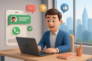 Illustration of Customer connecting via WhatsApp in a City skyline through office window setting, with a inspired mood.
