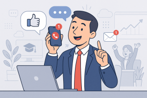 Illustration of Person making business calls on phone in a Tech-themed workspace setting, with a efficient mood.