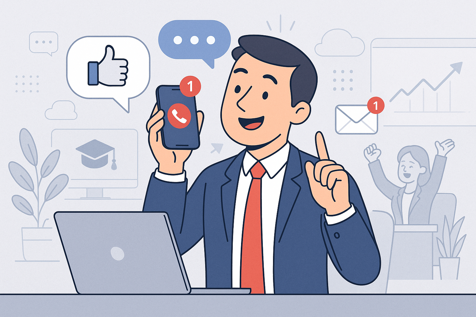 Illustration of Person making business calls on phone in a Tech-themed workspace setting, with a efficient mood.