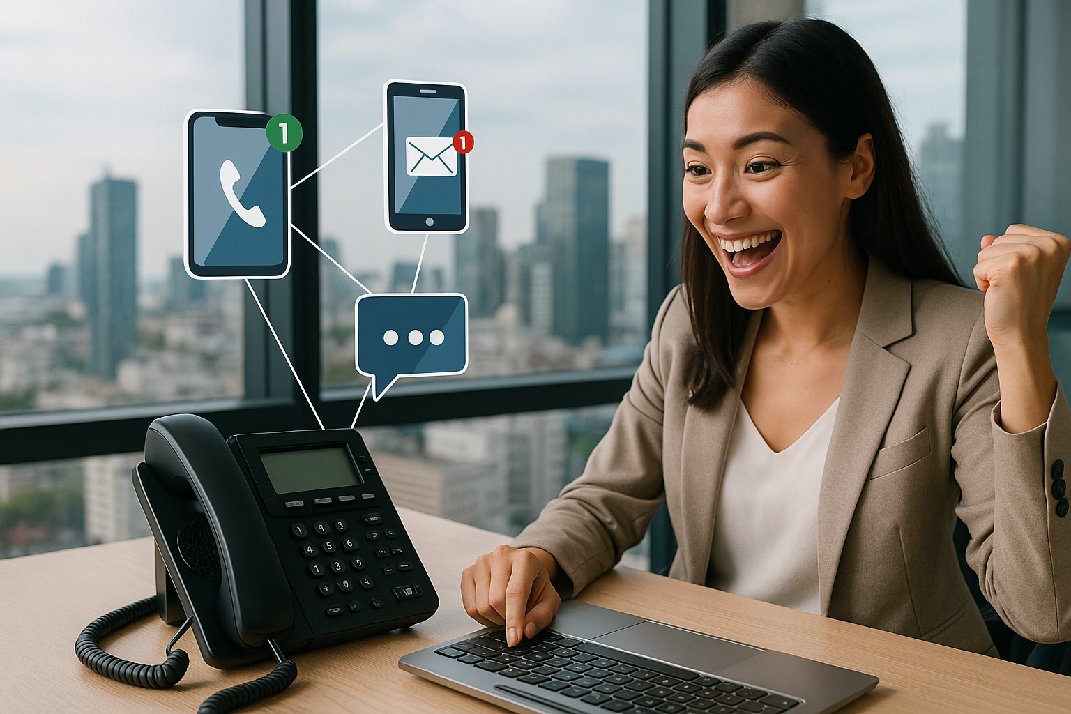Illustration of Phone routing multiple devices in a City skyline through office window setting, with a empowered mood.