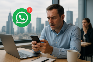 Illustration of Customer connecting via WhatsApp in a City skyline through office window setting, with a alert mood.