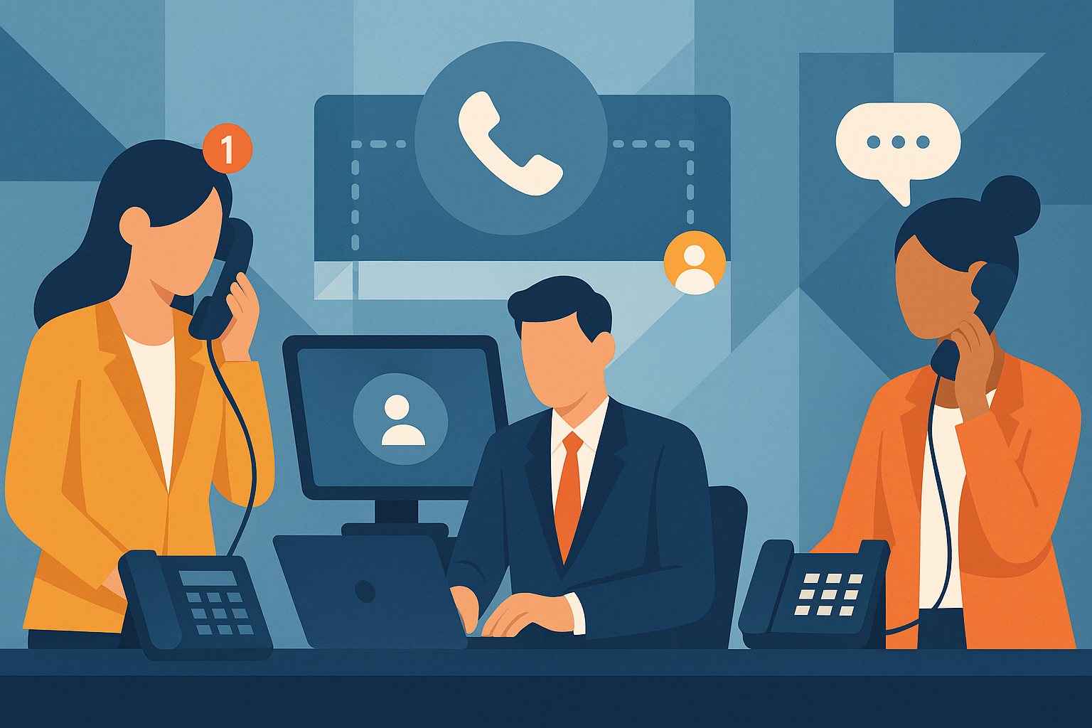 Illustration of Team using virtual PBX in a Professional desk with phones setting, with a professional mood.