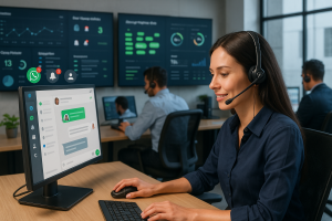 Illustration of Customer connecting via WhatsApp in a Call center with digital wallboards setting, with a in control mood.