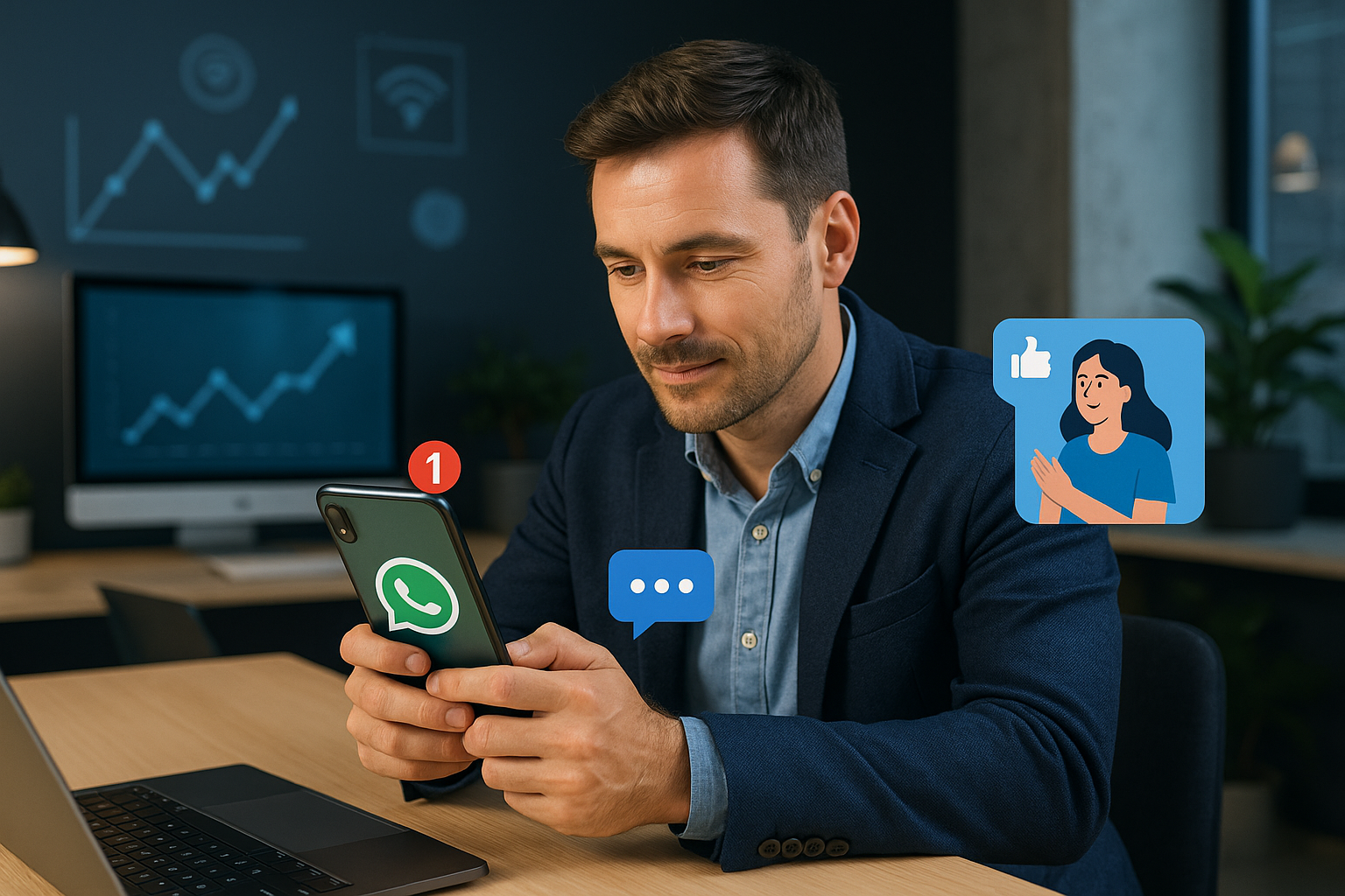 Illustration of Customer connecting via WhatsApp in a Tech-themed workspace setting, with a innovative mood.