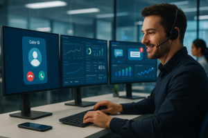 Illustration of Caller ID with mobile icons in a Virtual command center setting, with a confident mood.