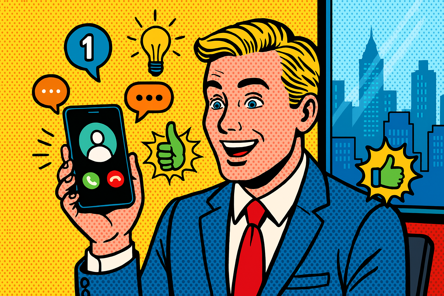 Illustration of Caller ID with mobile icons in a City skyline through office window setting, with a empowered mood.
