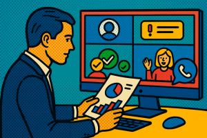 Illustration of Manager analyzing call reports in a Virtual command center setting, with a efficient mood.