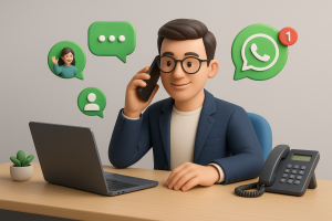 Illustration of Person making business calls on phone in a Professional desk with phones setting, with a in control mood.