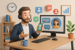 Illustration of Entrepreneur managing multiple numbers in a Home office setup with headset setting, with a professional mood.
