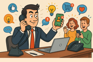 Illustration of Entrepreneur managing multiple numbers in a Professional desk with phones setting, with a innovative mood.