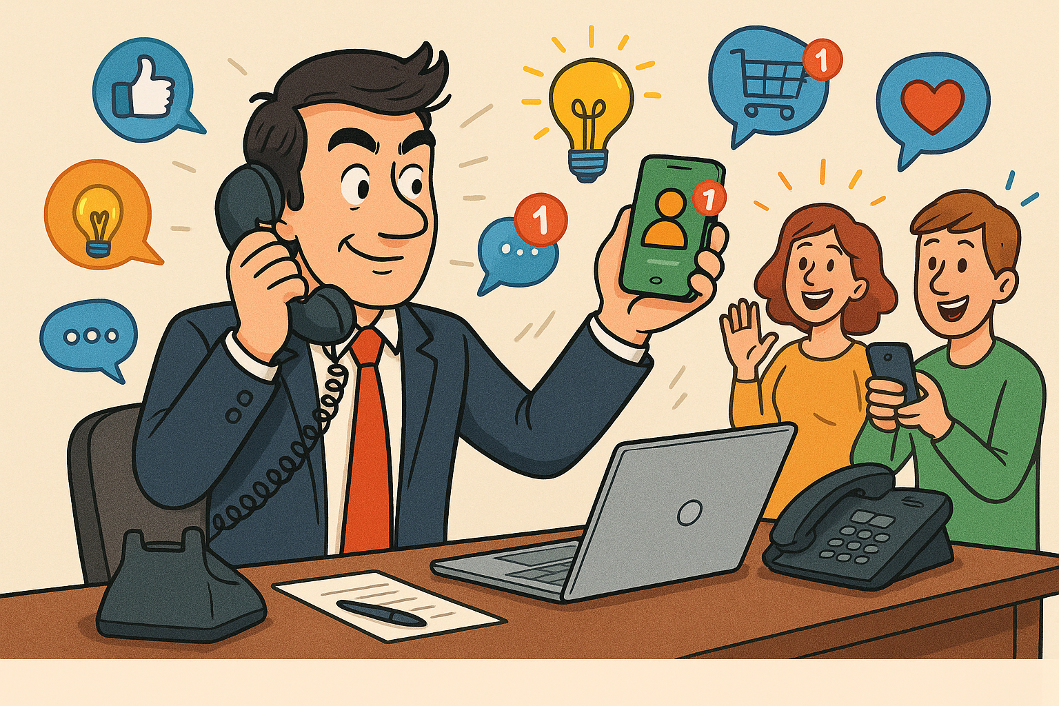 Illustration of Entrepreneur managing multiple numbers in a Professional desk with phones setting, with a innovative mood.