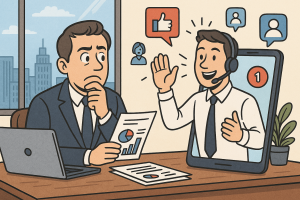 Illustration of Manager analyzing call reports in a City skyline through office window setting, with a professional mood.