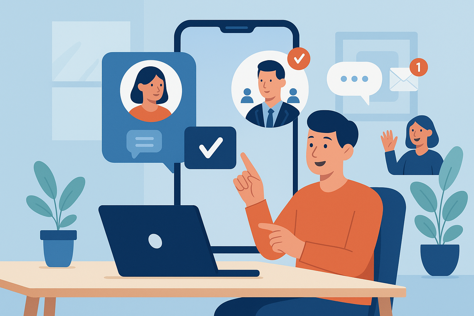 Illustration of User switching call profiles in a Modern office with mobile tech setting, with a empowered mood.