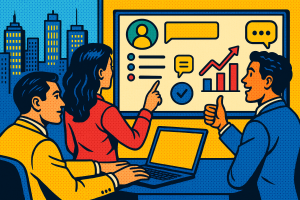 Illustration of Team using communication dashboard in a City skyline through office window setting, with a empowered mood.