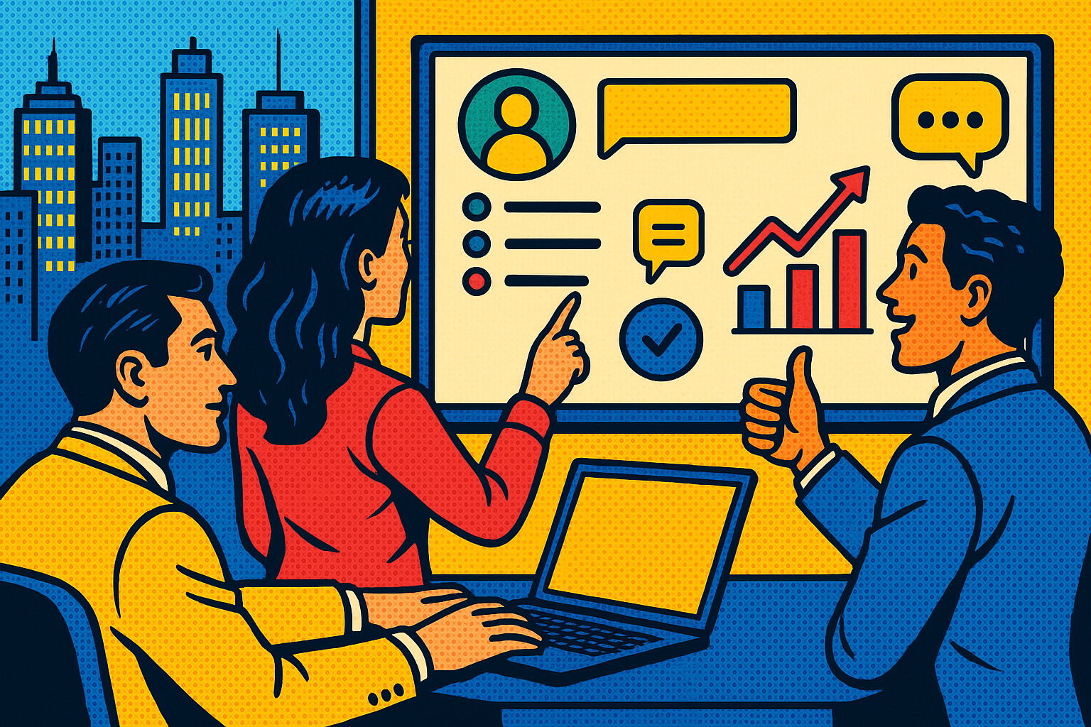 Illustration of Team using communication dashboard in a City skyline through office window setting, with a empowered mood.