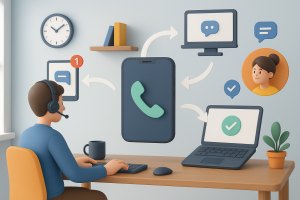 Illustration of Phone routing multiple devices in a Home office setup with headset setting, with a in control mood.