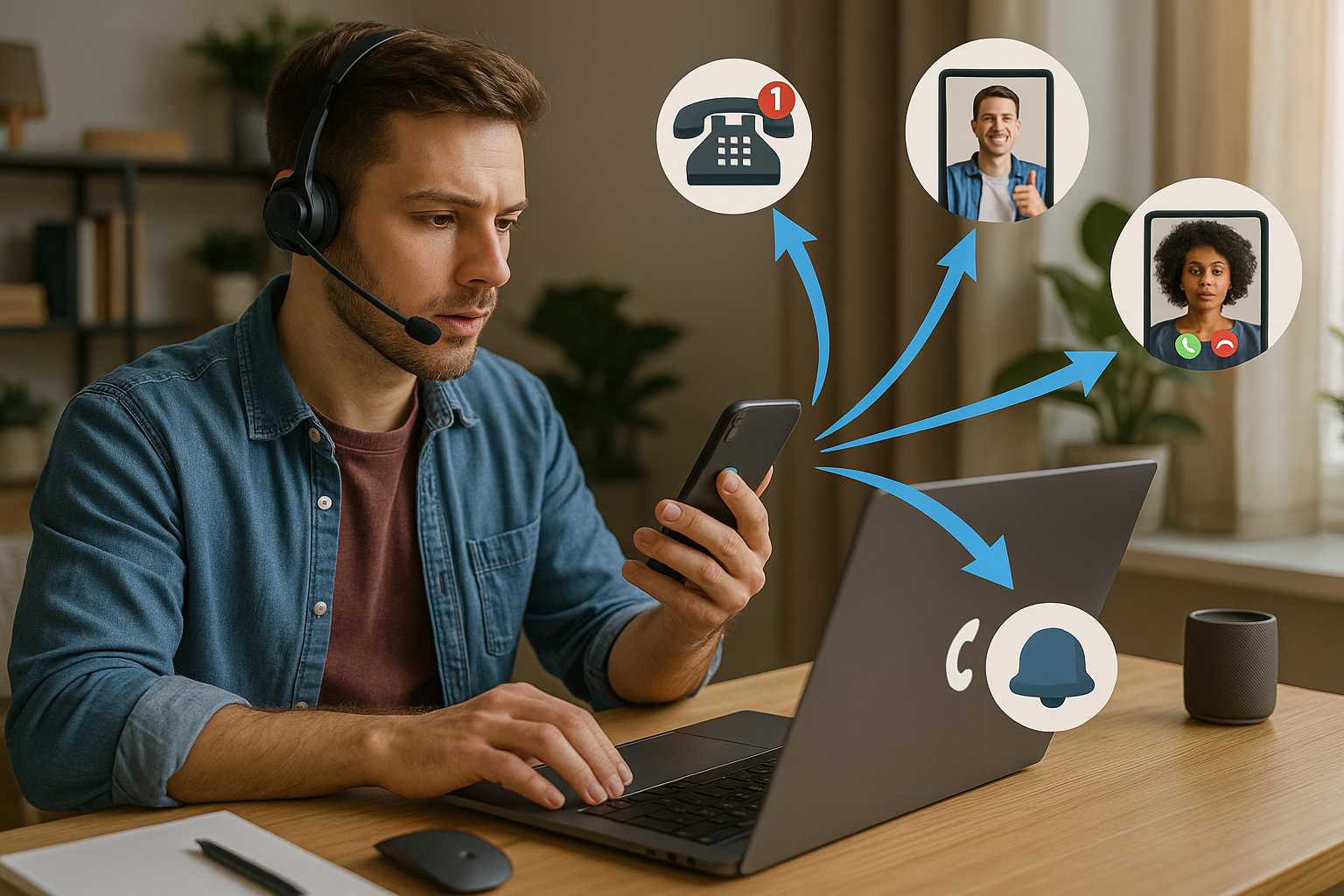 Illustration of Phone routing multiple devices in a Home office setup with headset setting, with a determined mood.