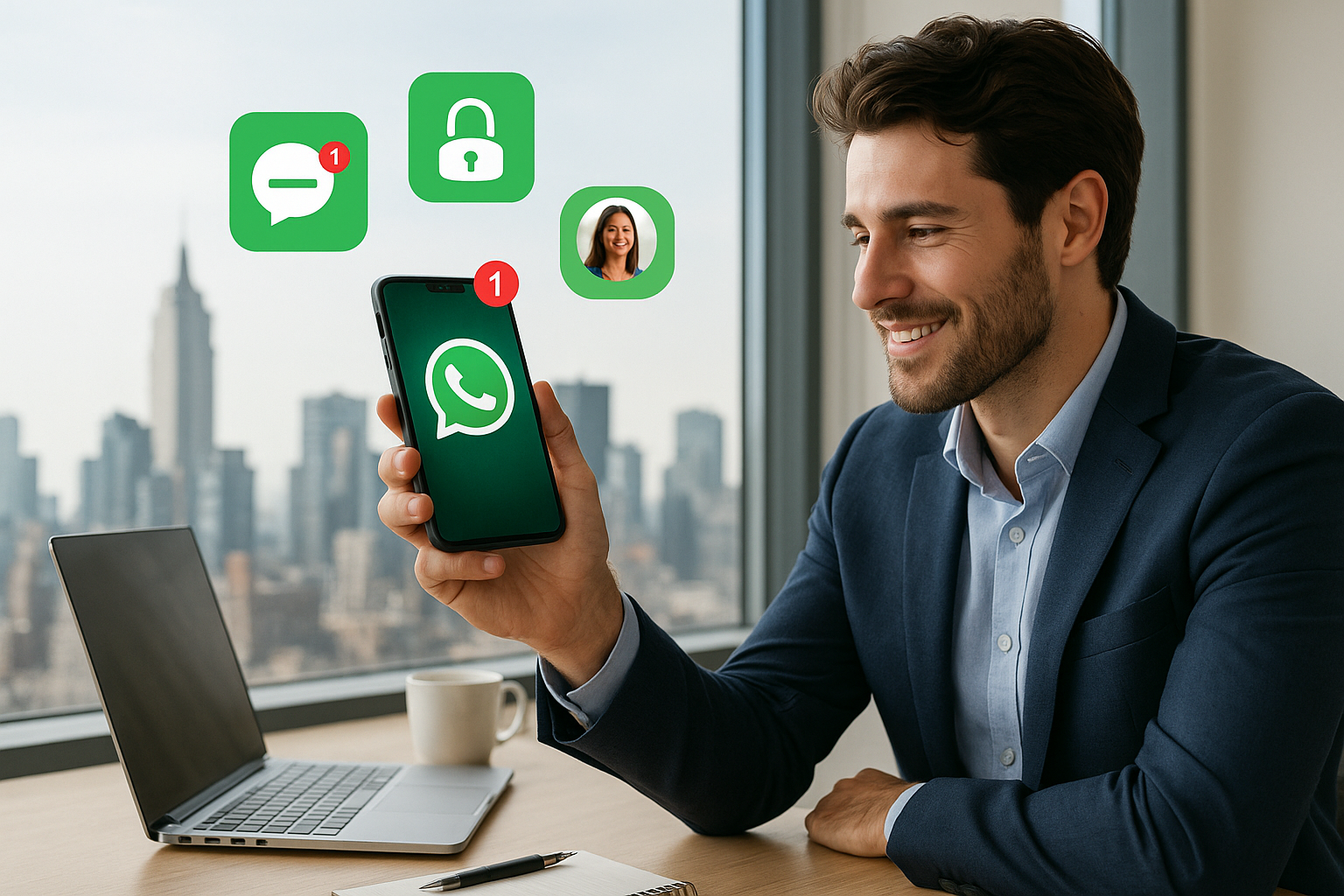 Illustration of Customer connecting via WhatsApp in a City skyline through office window setting, with a inspired mood.