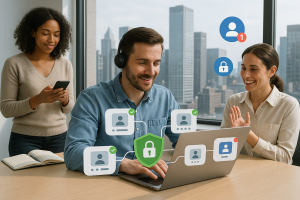 Illustration of Team using virtual PBX in a City skyline through office window setting, with a confident mood.
