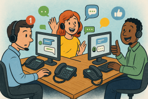 Illustration of Team using virtual PBX in a Professional desk with phones setting, with a innovative mood.