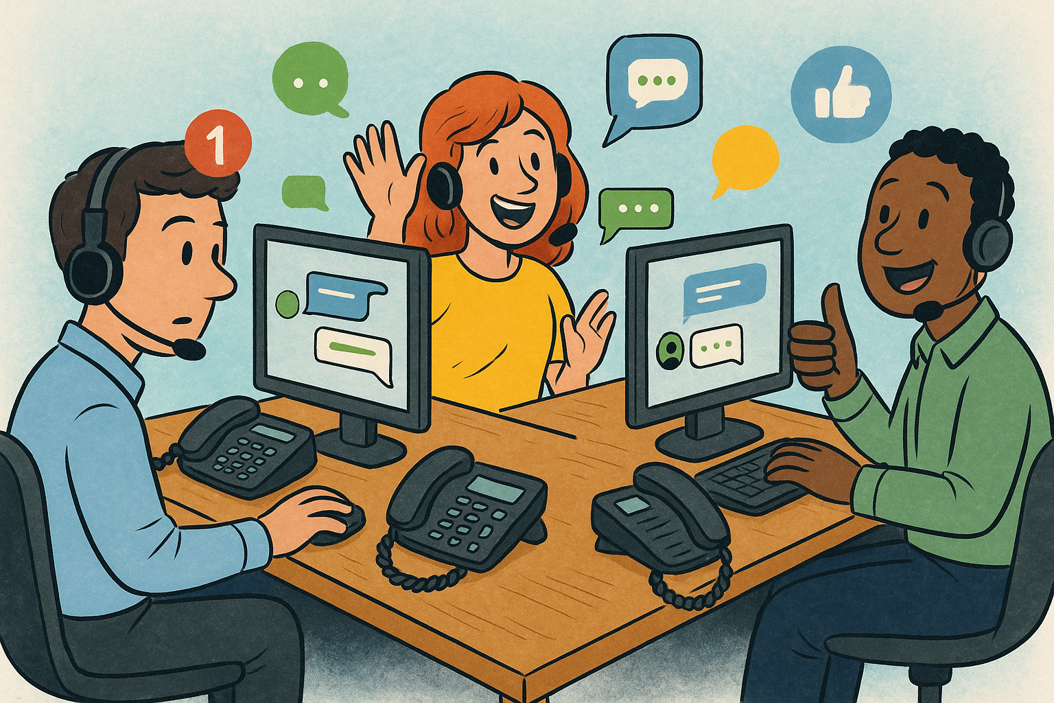 Illustration of Team using virtual PBX in a Professional desk with phones setting, with a innovative mood.