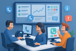 Illustration of Team using virtual PBX in a Call center with digital wallboards setting, with a innovative mood.