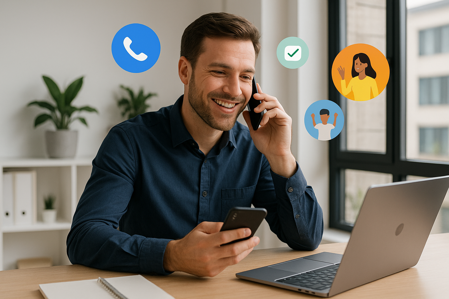 Illustration of Person making business calls on phone in a Modern office with mobile tech setting, with a empowered mood.