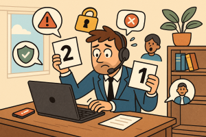 Illustration of Entrepreneur managing multiple numbers in a Home office setup with headset setting, with a innovative mood.