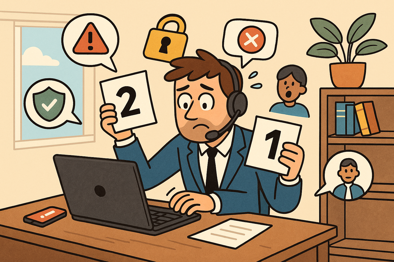 Illustration of Entrepreneur managing multiple numbers in a Home office setup with headset setting, with a innovative mood.