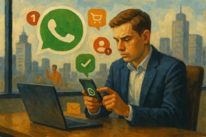 Illustration of Customer connecting via WhatsApp in a City skyline through office window setting, with a determined mood.