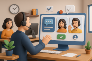 Illustration of Team using communication dashboard in a Home office setup with headset setting, with a in control mood.