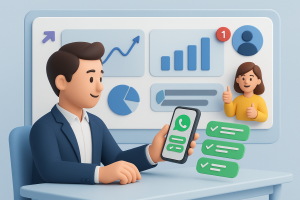 Illustration of Customer connecting via WhatsApp in a Dashboard with telecom metrics setting, with a confident mood.