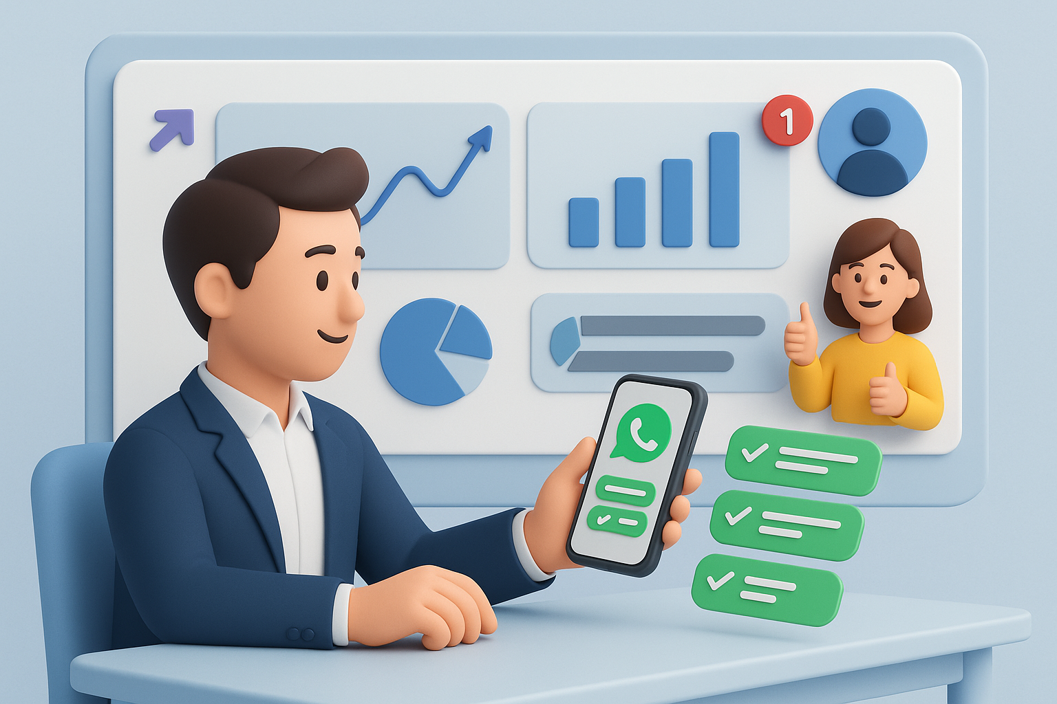 Illustration of Customer connecting via WhatsApp in a Dashboard with telecom metrics setting, with a confident mood.