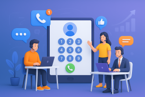 Illustration of Team using virtual PBX in a Tech-themed workspace setting, with a innovative mood.