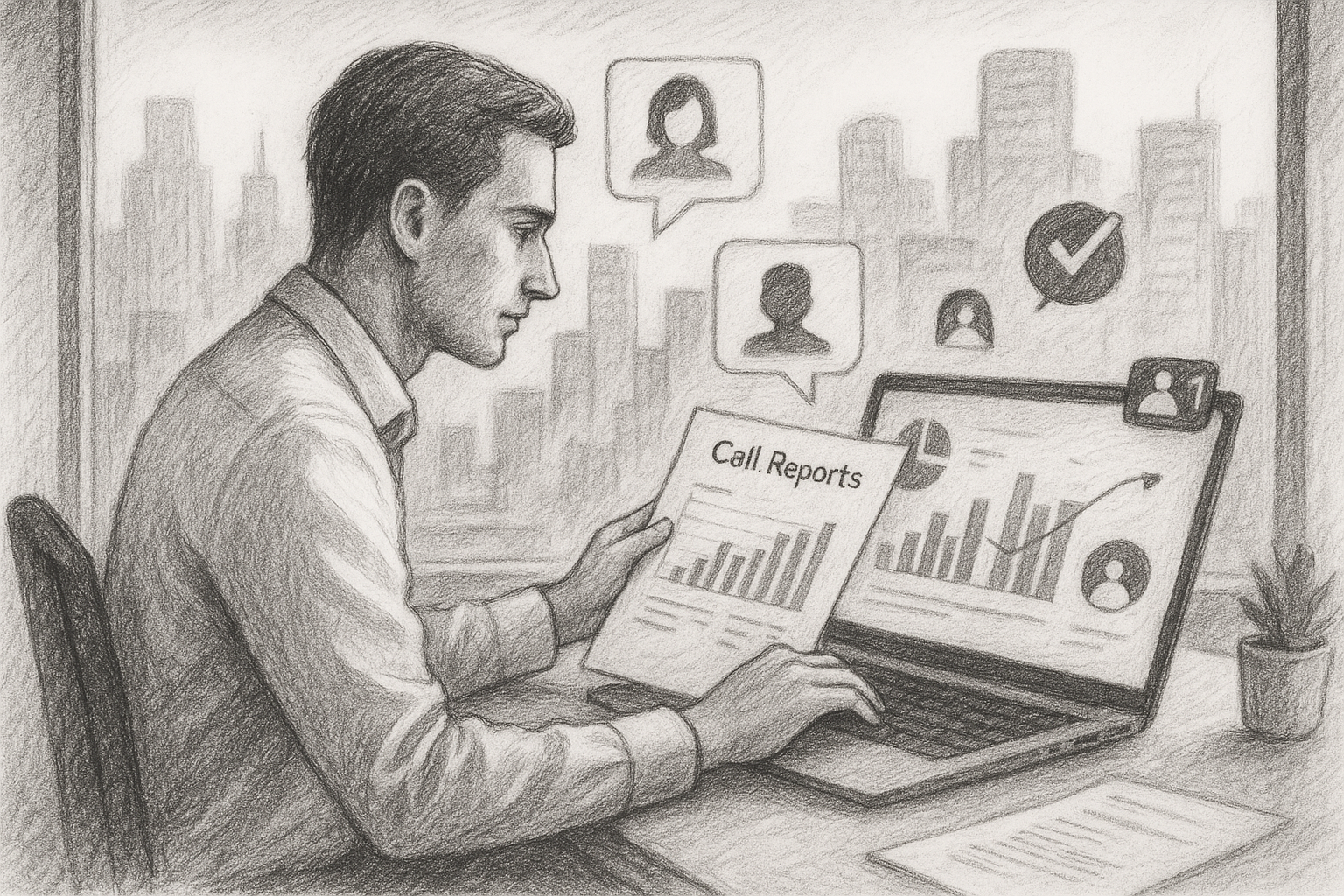 Illustration of Manager analyzing call reports in a City skyline through office window setting, with a professional mood.