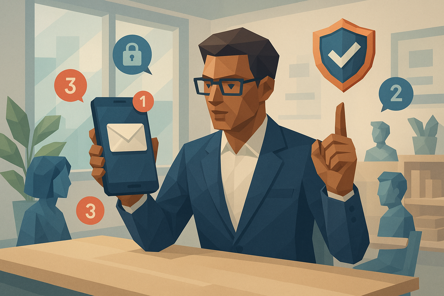 Illustration of Entrepreneur managing multiple numbers in a Modern office with mobile tech setting, with a empowered mood.