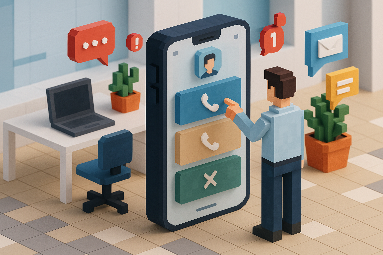 Illustration of User switching call profiles in a Modern office with mobile tech setting, with a innovative mood.