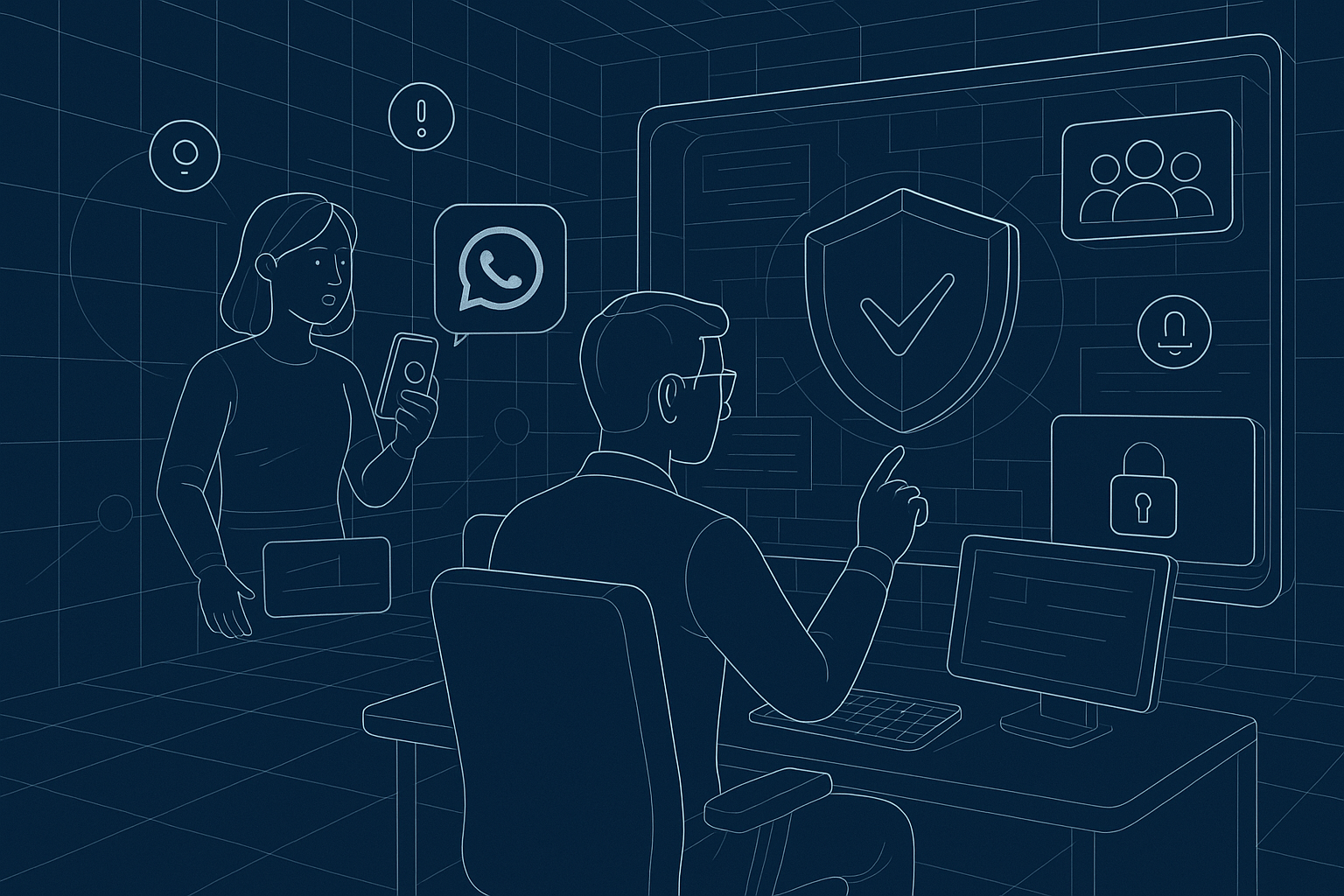 Illustration of Customer connecting via WhatsApp in a Virtual command center setting, with a innovative mood.